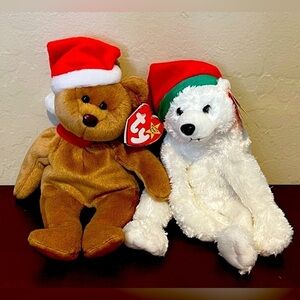 Ty Beanie Babies Holiday Pair – 1997 Teddy & Snowdrift Polar Bear Christmas Set